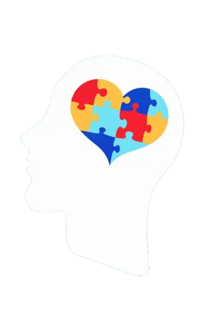 Illustration of a human head silhouette with a multicolored puzzle heart representing behavioral health care